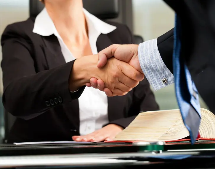 Two people shaking hands over a table.